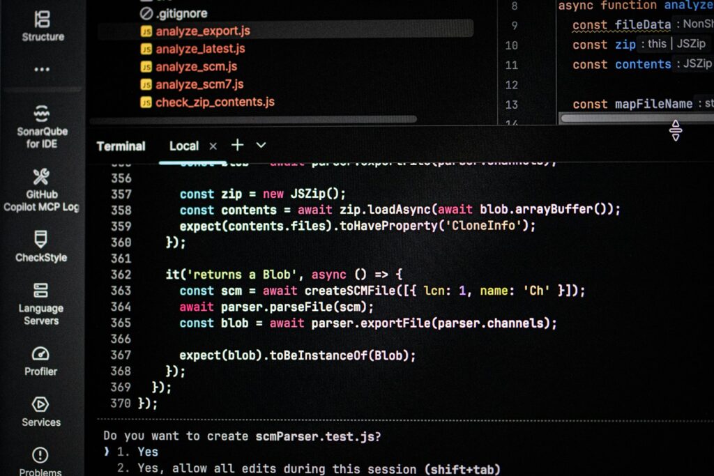Dark IDE screen with an open Terminal panel showing code and a Claude Code confirmation prompt