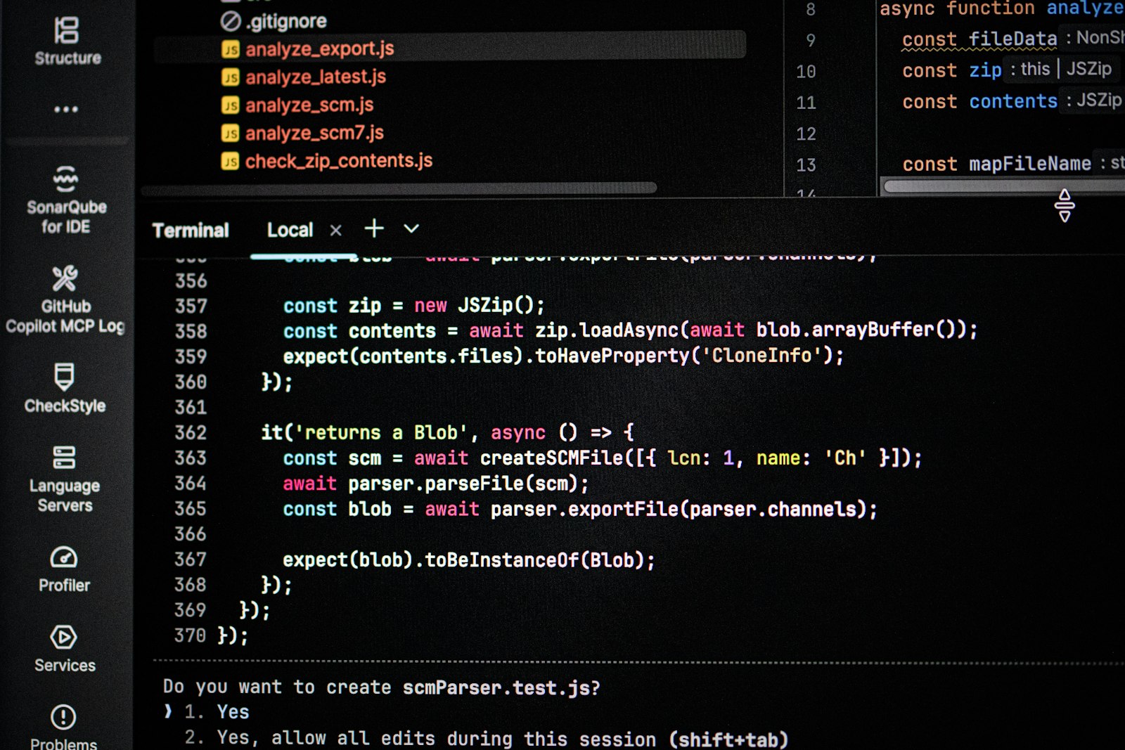 Dark IDE screen with an open Terminal panel showing code and a Claude Code confirmation prompt